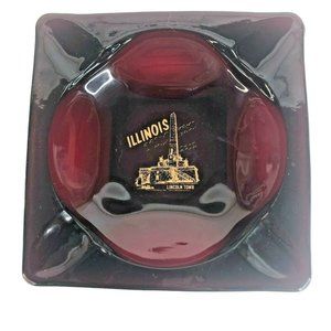 Illinois Ashtray Ruby Red Glass Lincoln Tomb Square Cigarette Advertising VTG